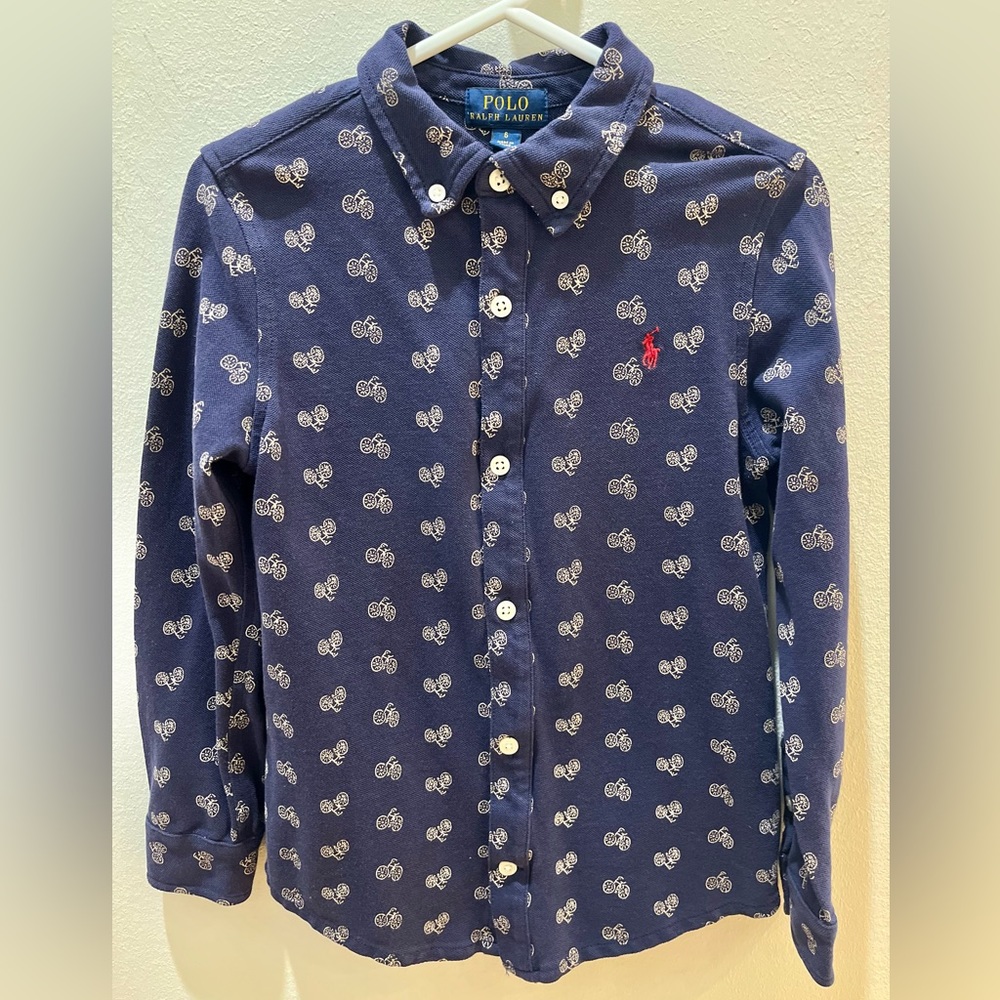 Polo by Ralph Lauren Knit Cotton Oxford Navy Blue Shirt Bicycle Print Boy Size 6